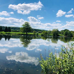Wolken spiegeln sich im Wasser des Cumbacher Teichs