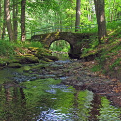 Historische Steinbrücke an einem Flüsschen im Wald